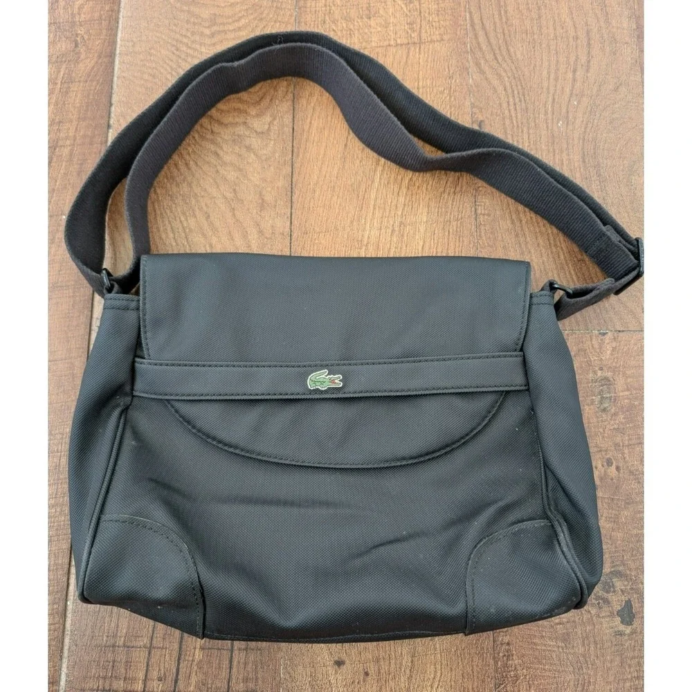 Lacoste Messenger Bag Mens OS Black PVC Flap Crossbody Grid Lining Logo